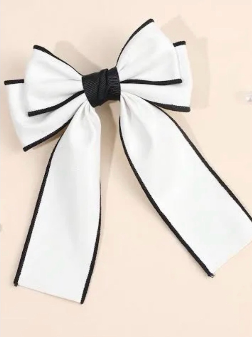White Ribbon Bow Hair Clip with Black Trim